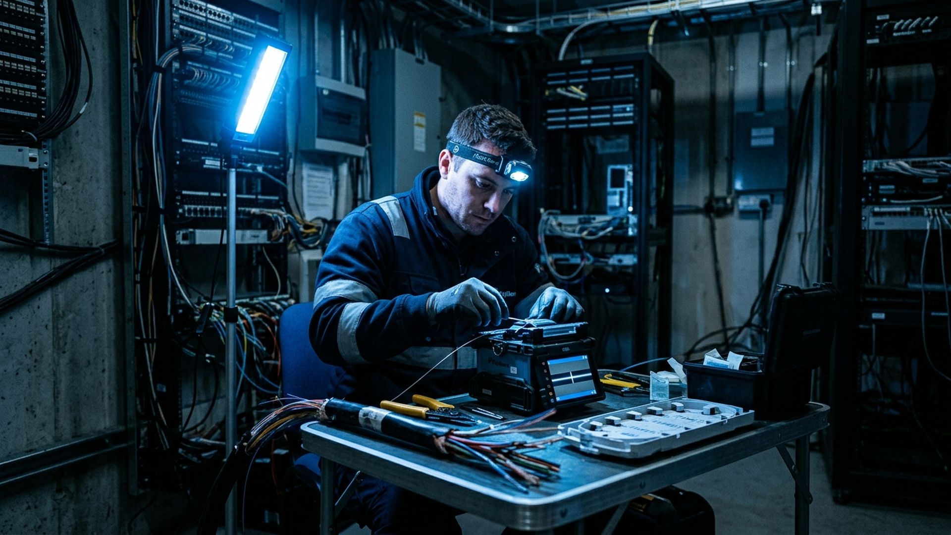 Fiber optic fusion splicer joining cable ends at a commercial building external cable route in Pretoria