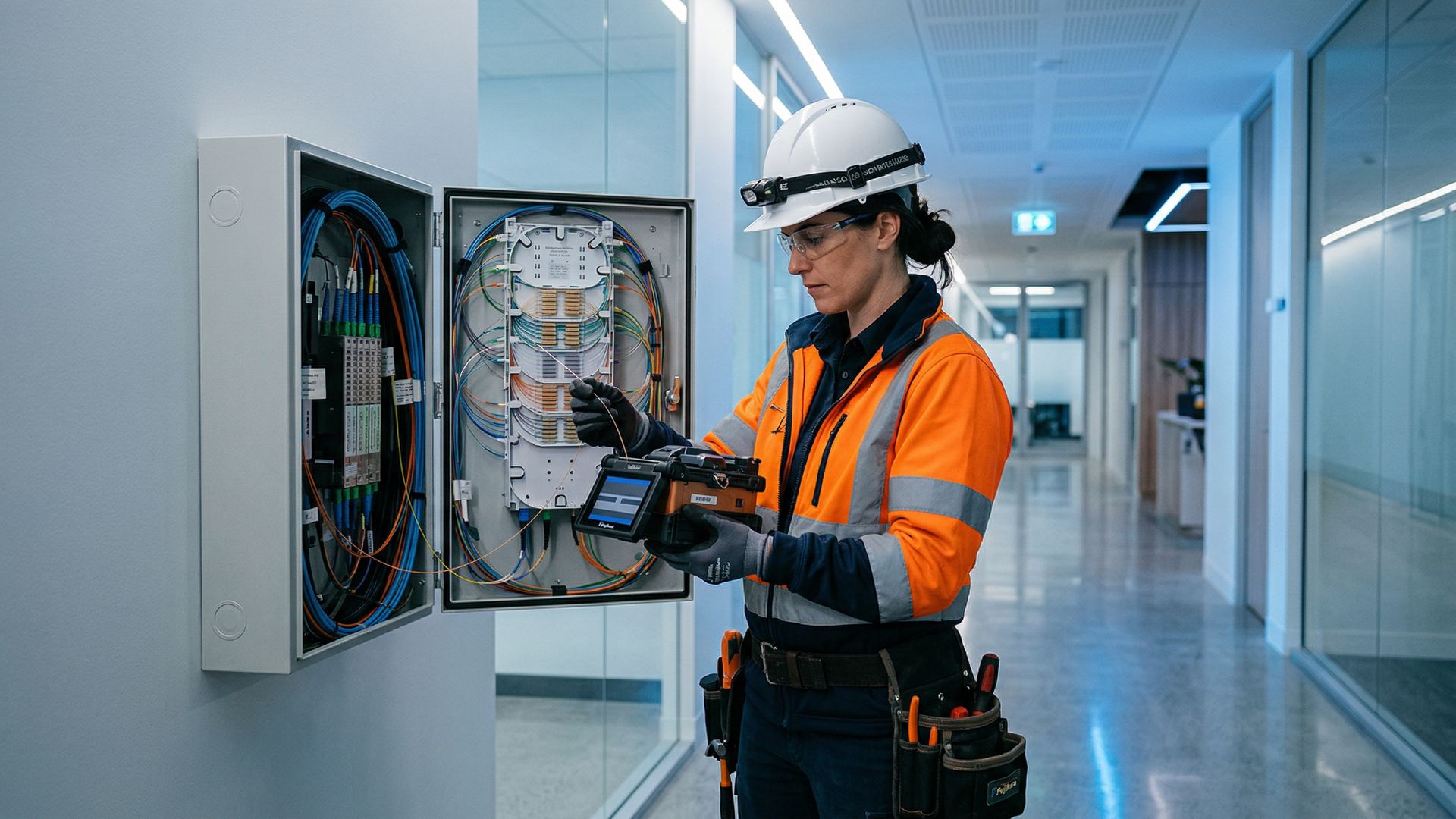Two telecommunications engineers reviewing structured cabling documentation at a South African commercial property