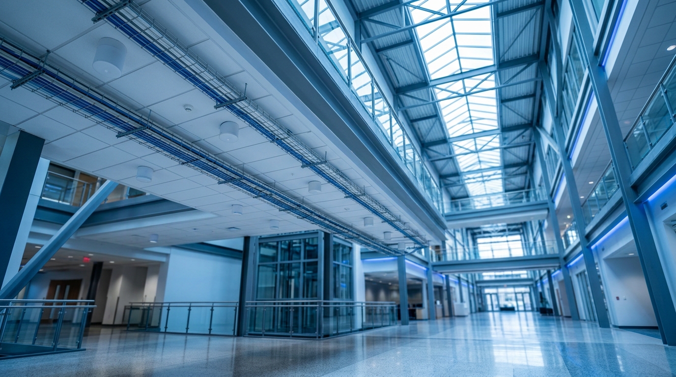 Distributed antenna system installation inside a modern shopping centre atrium, showing ceiling-mounted omnidirectional antennas with visible cabling