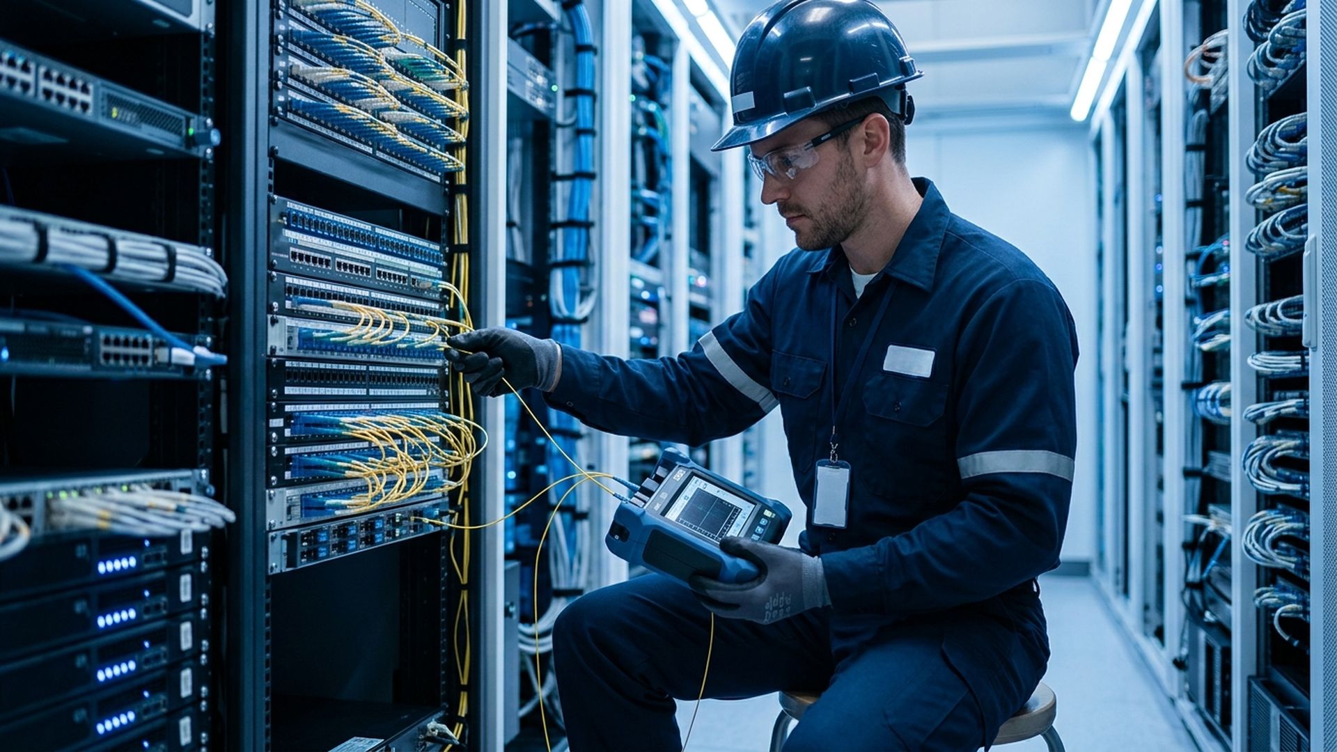 Network engineer performing a structured cabling inspection in a South African server room
