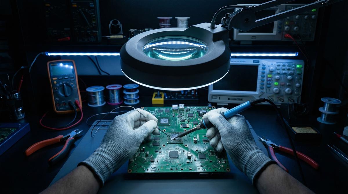 Telecoms equipment repair technician performing diagnostics on circuit board