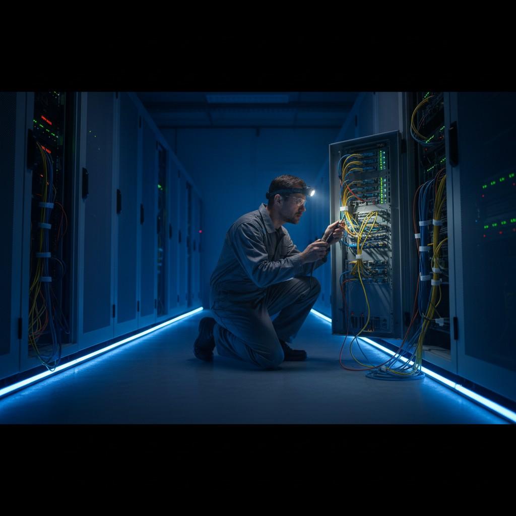 Telecoms field maintenance engineer conducting on-site equipment inspection